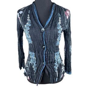 Citron Santa Monica Womens M Asian Floral cardigan Silk blend button up crinkle